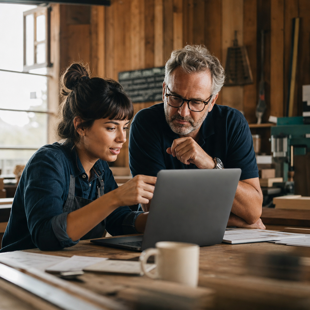 Two workshop attendees building with AI together on a laptop